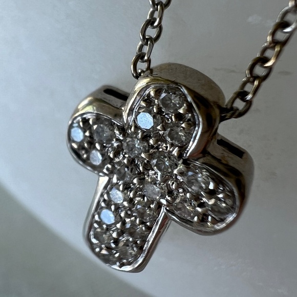 18K Gold Diamond Puffy Cross Necklace | Brilliant Pavé Pendant on 16" Chain VTG - Picture 6 of 16